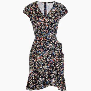 Ruffle-front mini dress in soft rayon tapestry floral